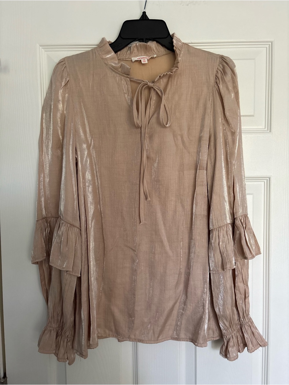 Mazik Shimmery Dusty Beige Tie-Neck Ruffle Sleeve Blouse